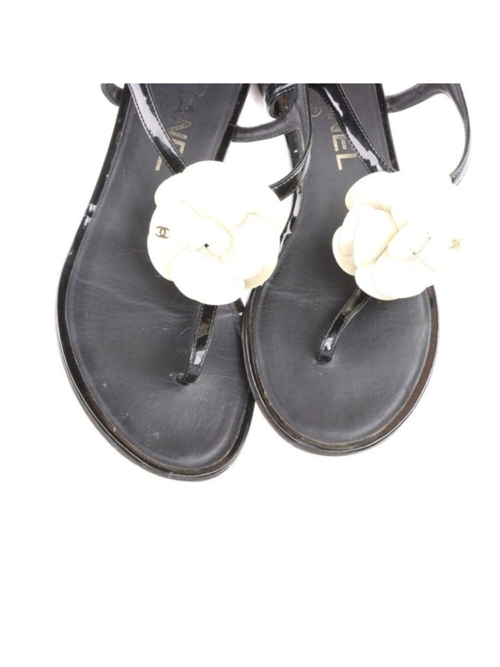 Chanel Coco Mark Camellia Patent Leather Sandals 35 C Black And Ivory - Picture 12 of 15